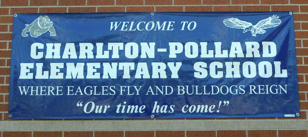 Thursday was the grand opening of the Beaumont Independent School District's new school, Charlton-Pollard Elementary, which replaces Dunbar and Ogden elementary schools. This banner, hanging on the side of the school, greeted guests. Dave Ryan/The Enterprise