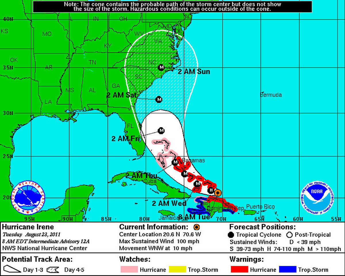 Hurricane Irene could strike anywhere from Florida to North Carolina. Graphic provided by the National Hurricane Center