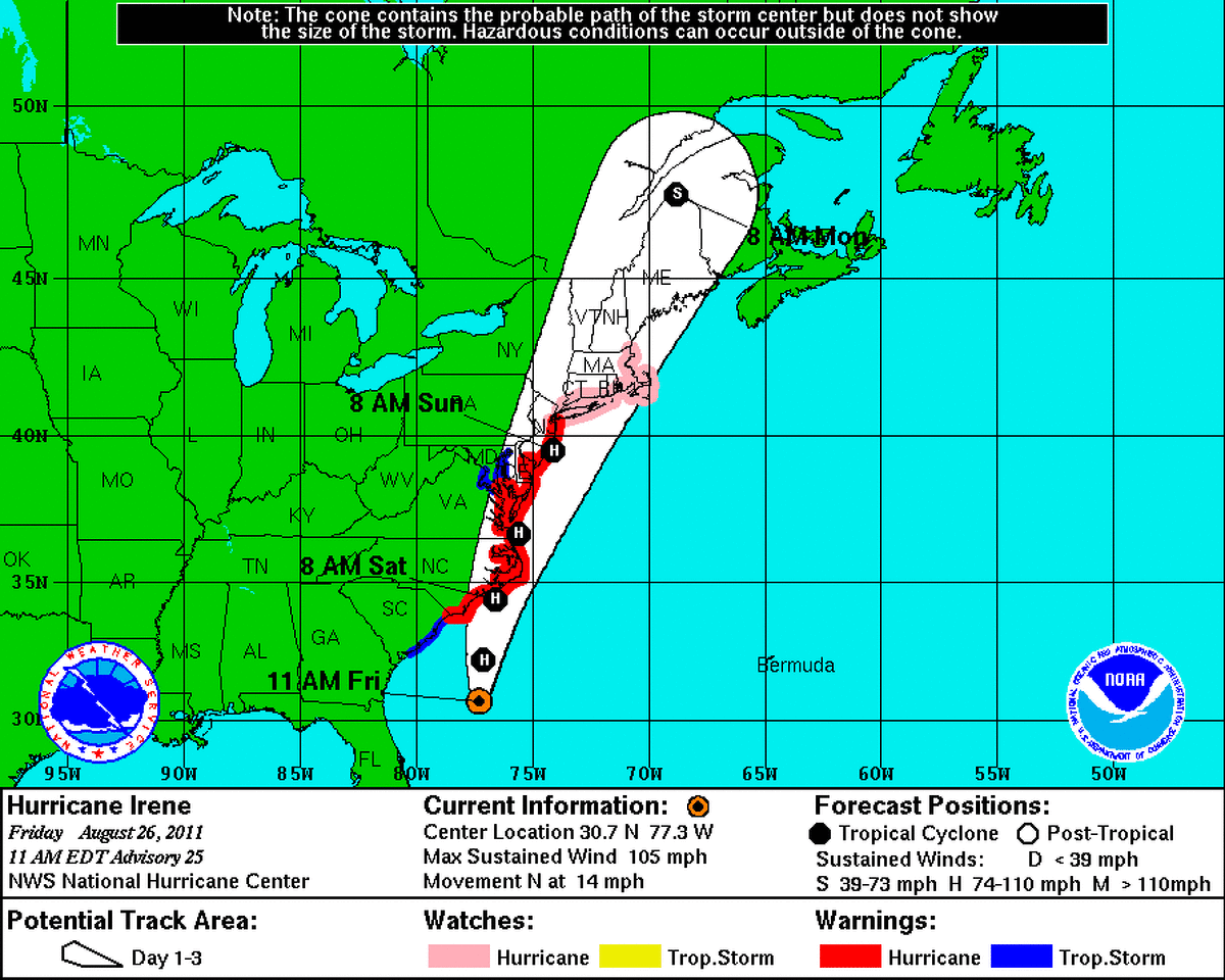 Hurricane Irene's projected path, as of 11 a.m. EDT, Friday. (NOAA) For advisories and updates on Irene's position, visit NOAA's website.