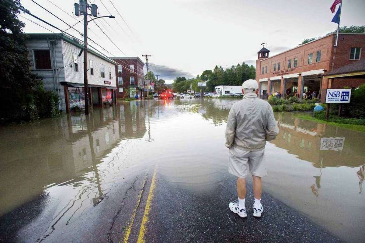 North Main Street in Waterbury, Vt., is under water in the wake of tropical storm Irene on Monday,.