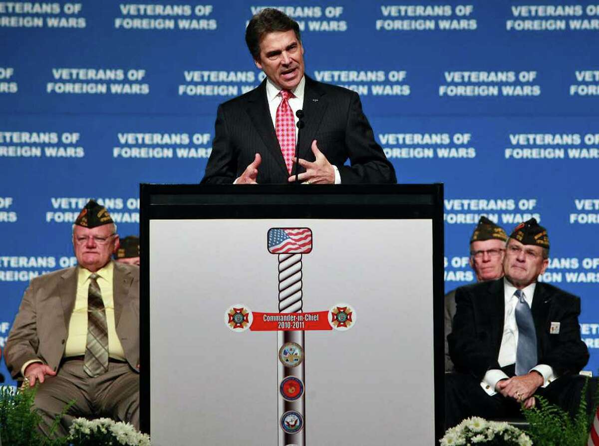 Governor Rick Perry speaks at the Veterans of Foreign Wars National Convention at the Henry B. Gonzalez Convention Center in San Antonio on Monday, August 29, 2011.
