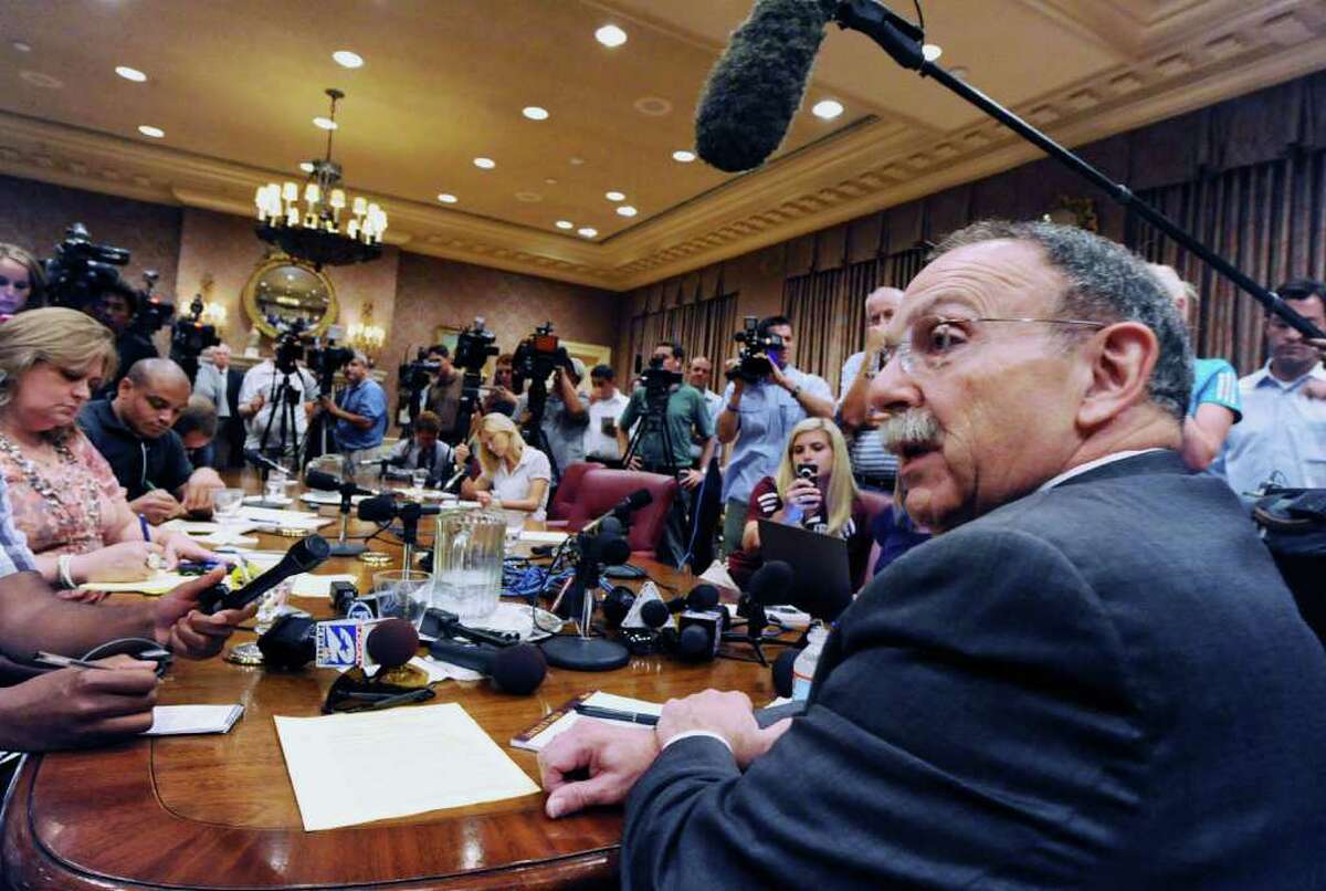 Texas A&M president R. Bowen Loftin addresses members of state and national media in the A&M Board of Regents room in College Station Texas Monday, August 15, 2011. Loftin says A&M has no plans to switch conferences at this time, but A&M regents voted Monday to give Loftin permission to continue talks with SEC officials concerning future dealings between the two entities.