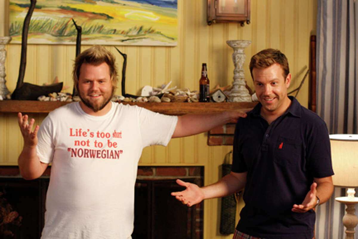 (L-R) Tyler Labine as Mike and Jason Sudeikis as Eric in "A Good Old Fashioned Orgy."