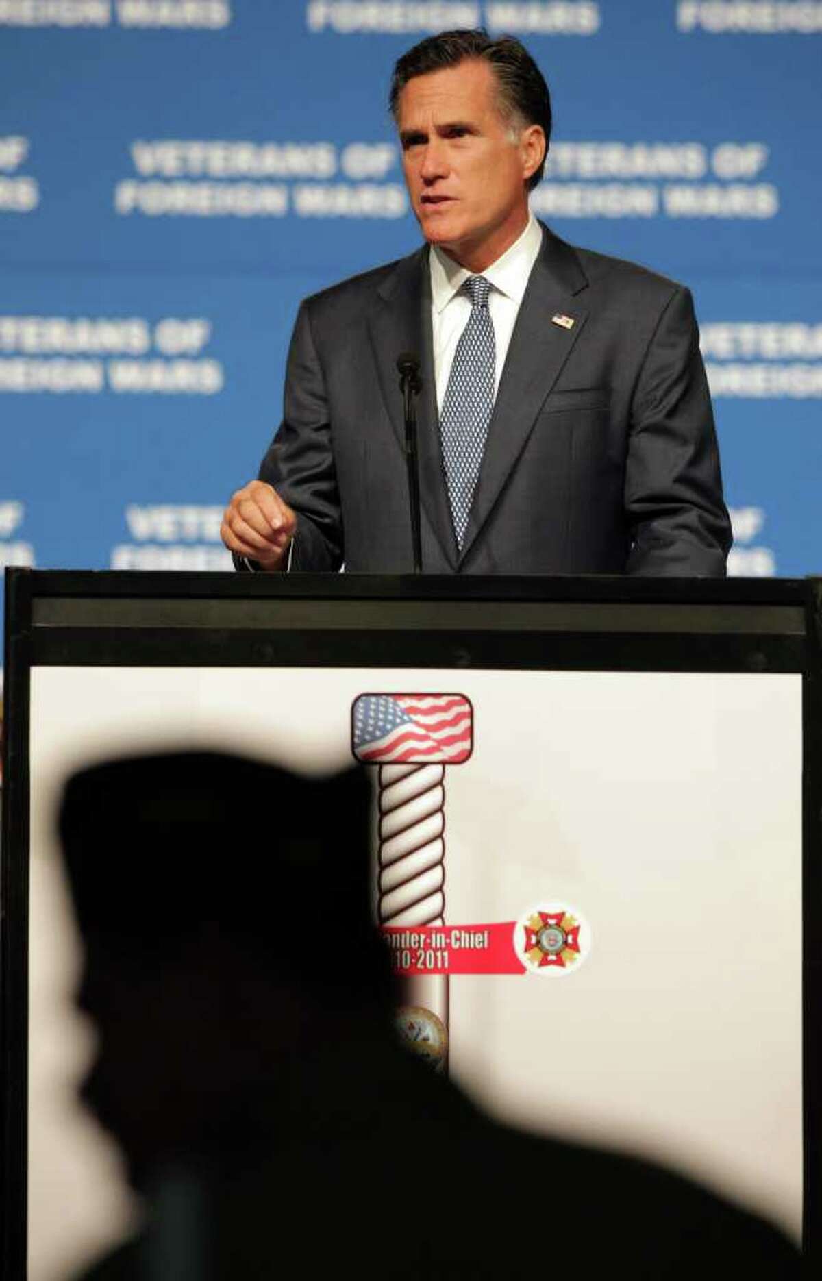 Presidential candidate Mitt Romney speaks to veterans at the VFW National Convention at the Henry B. Gonzalez Convention Center, Tuesday, August 30, 2011.