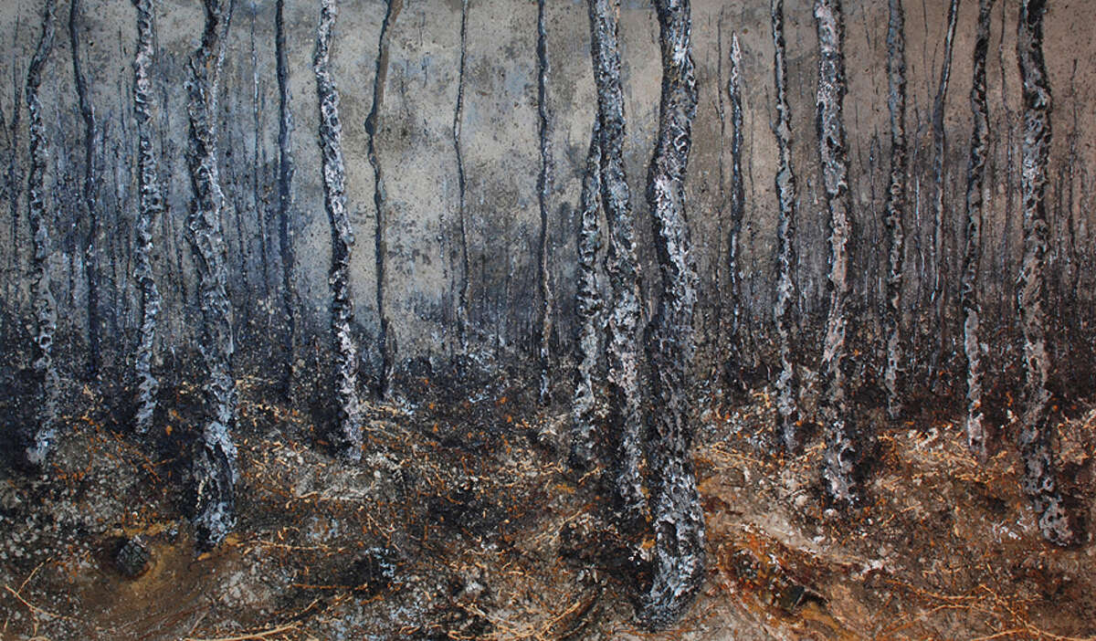Colombian artist John J. Bedoya uses materials such as ash, sand, dirt, and acrylic paint to create natural landscapes, including forest floors. The artist's large scale works, including this one, will be on display from Sept. 9 to Oct. 16 at the Fernando Luis Alvarez Gallery in downtown Stamford.