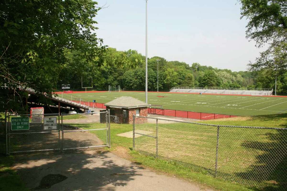 Greenwich High School's athletic field and bleachers at Cardinal Stadium as seen from West Putnam Avenue on May 27, 2011.