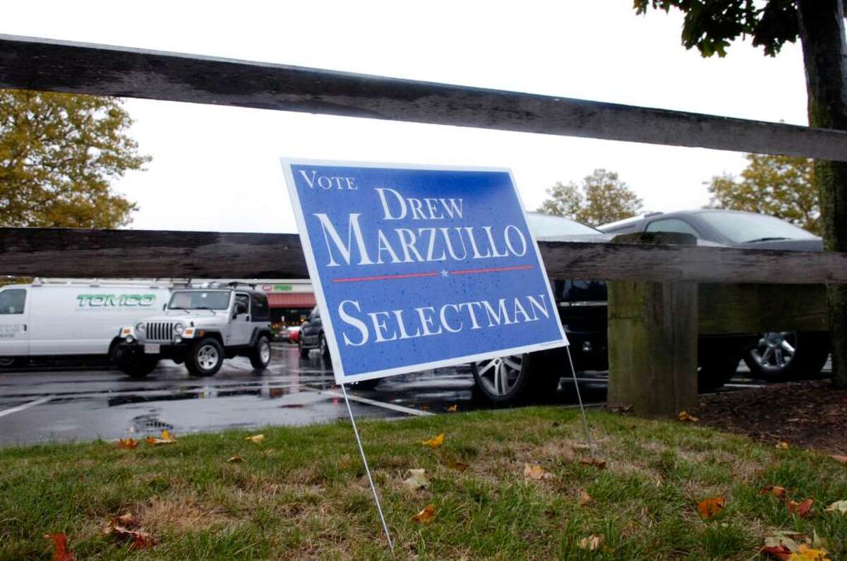 Drew Marzullo and his supporters have covered the town with campaign signs such as this in front of the A&P along East Putnam Avenue Thursday afternoon, Oct. 15, 2009.