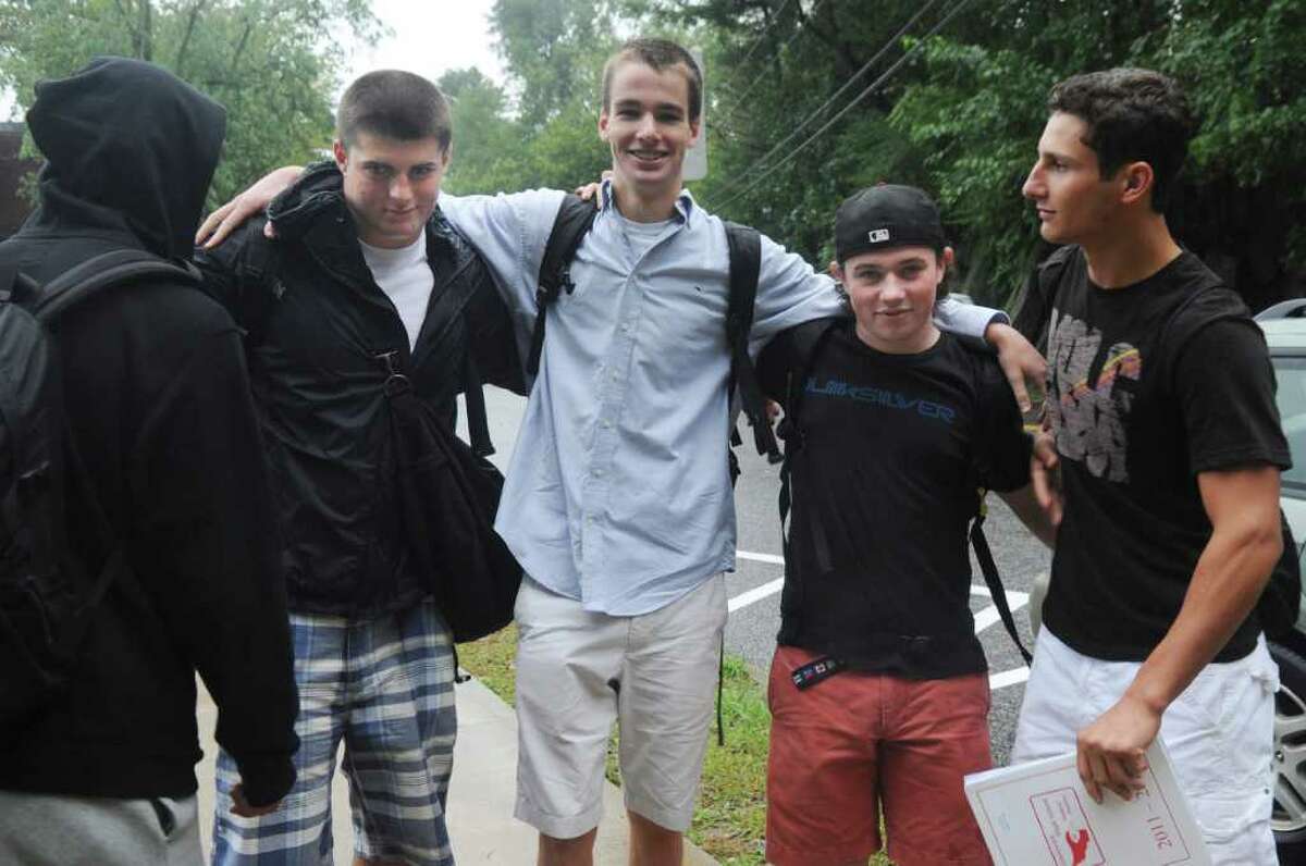From left, seniors Joel Arroyo, Shane Nastahowski, J.P. McCurdy, Callum Lawson, and John Capoccia on the first day of Greenwich High School, on Wednesday, Sept. 7, 2011, after pushing back the opening due to the aftermath of Hurricane Irene.