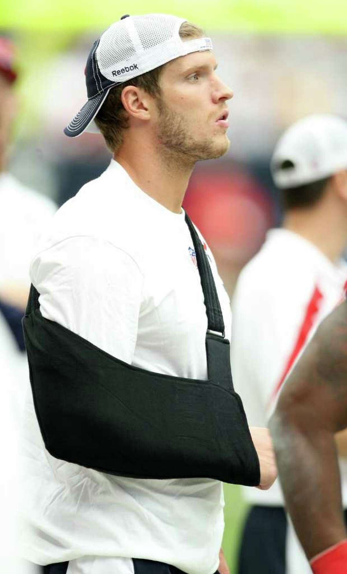 Houston Texans wide receiver Kevin Walter (83) watches the during game from the sidelines because of an injury during the fourth quarter of a NFL game, Sunday, Sept. 11, 2011, at Reliant Stadium in Houston.