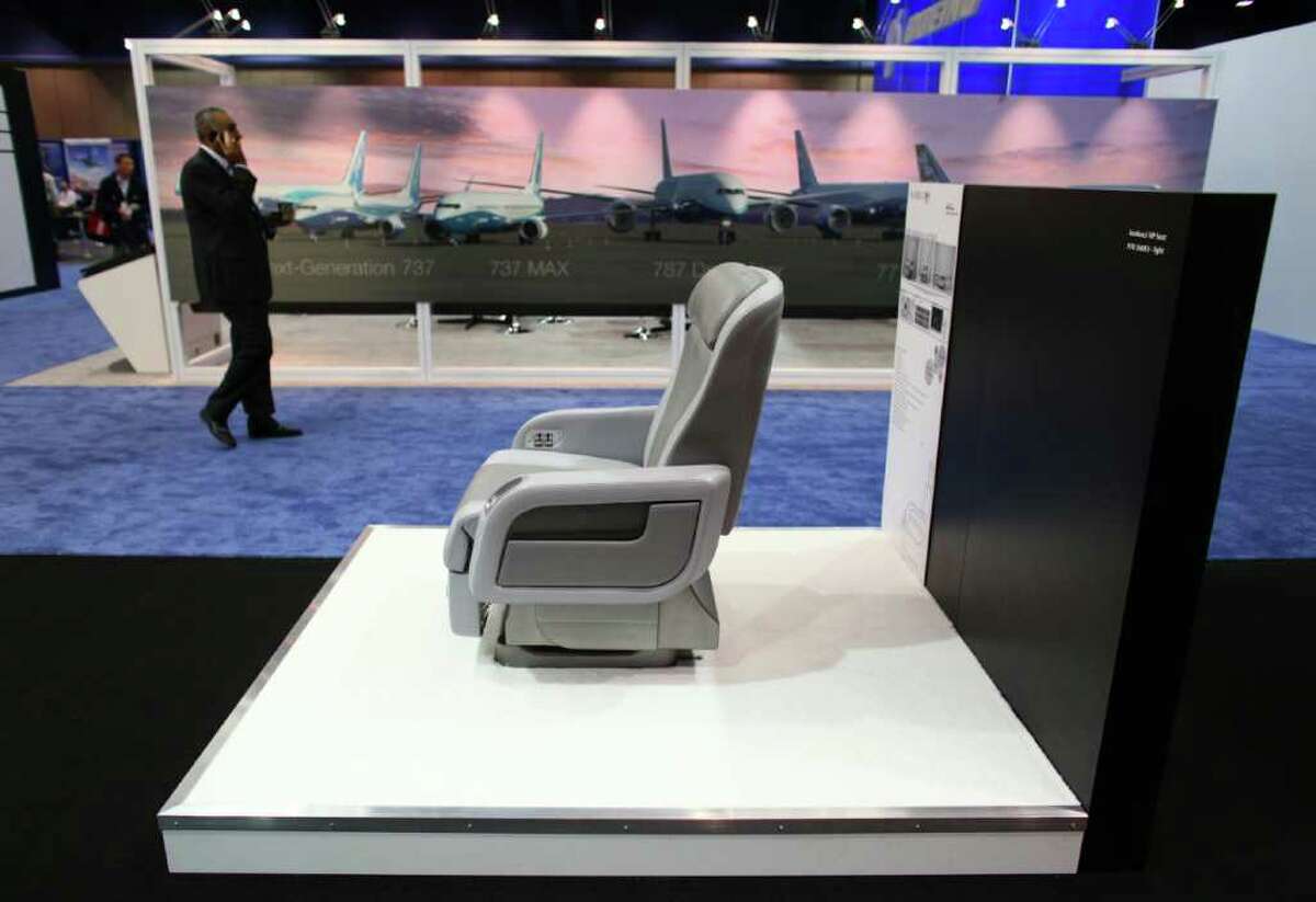 The Jacobucci IHF seat is shown during the Aircraft Interiors Expo Americas at the Washington State Convention & Trade Center.
