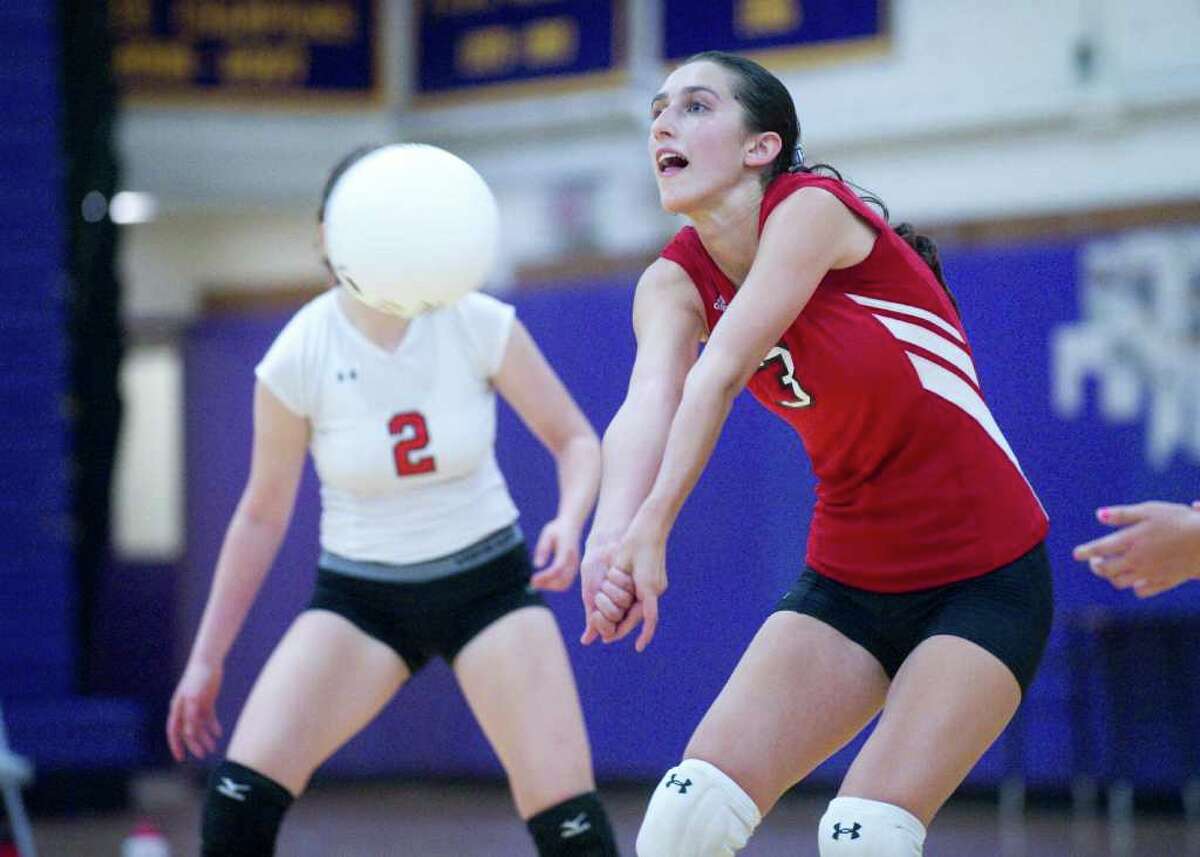 Greenwich's Chloe Griffasi in action as Westhill High School hosts Greenwich High in a girls volleyball match in Stamford, Conn., September 14, 2011. Greenwich won the match.
