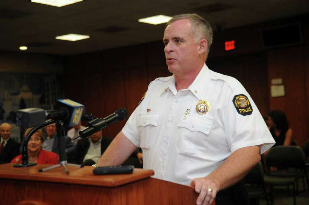 Newly appointed Police Chief James Heavey speaks at Greenwich Town Hall on Thursday, Sept.15, 2011. Heavey, who succeeds retiring Police Chief David Ridberg, begins the position Nov. 1.