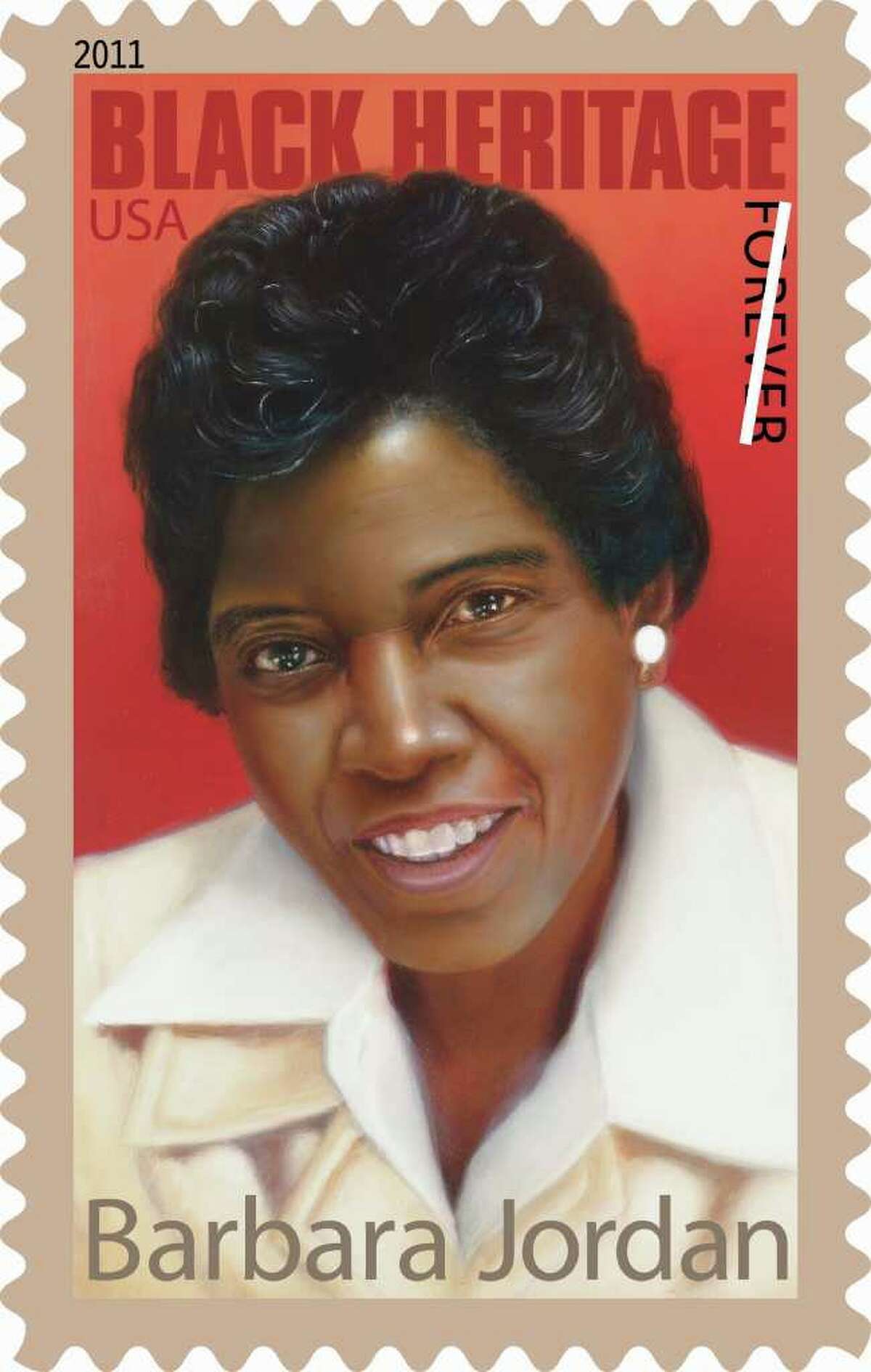 This undated handout image provided by the US Postal Service shows the Forever postage stamp featuring former Texas Rep. Barbara Jordan, part of the Black Heritage series. The new stamp was issued in Jordan's hometown of Houston Friday. (AP Photo/USPS)