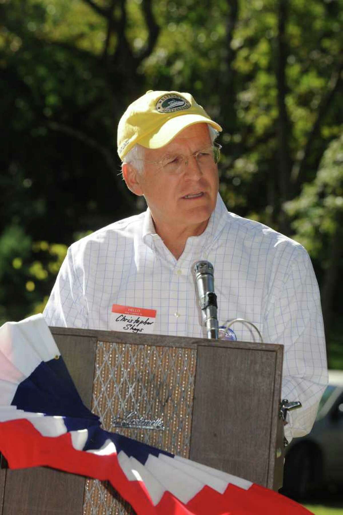 Former U.S. Rep. Christopher Shays, who is considering a run for the U.S. Senate, speaking at the Cos Cob Republican Club and Republican Town Committee's 80th annual clambake Sunday, Sept. 18, 2011.