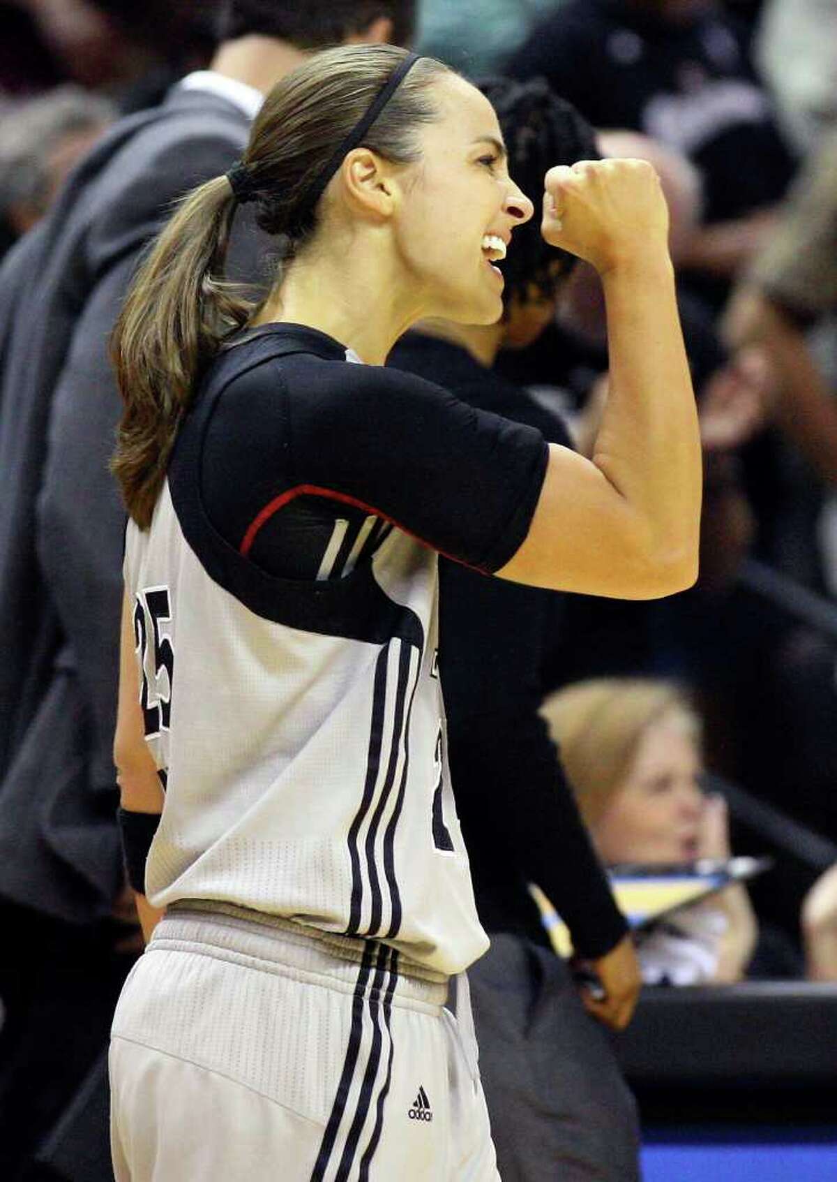 Guard Becky Hammon reacts to the Silver Stars’ Game 2 victory on Sunday before quickly relegating it to the past.