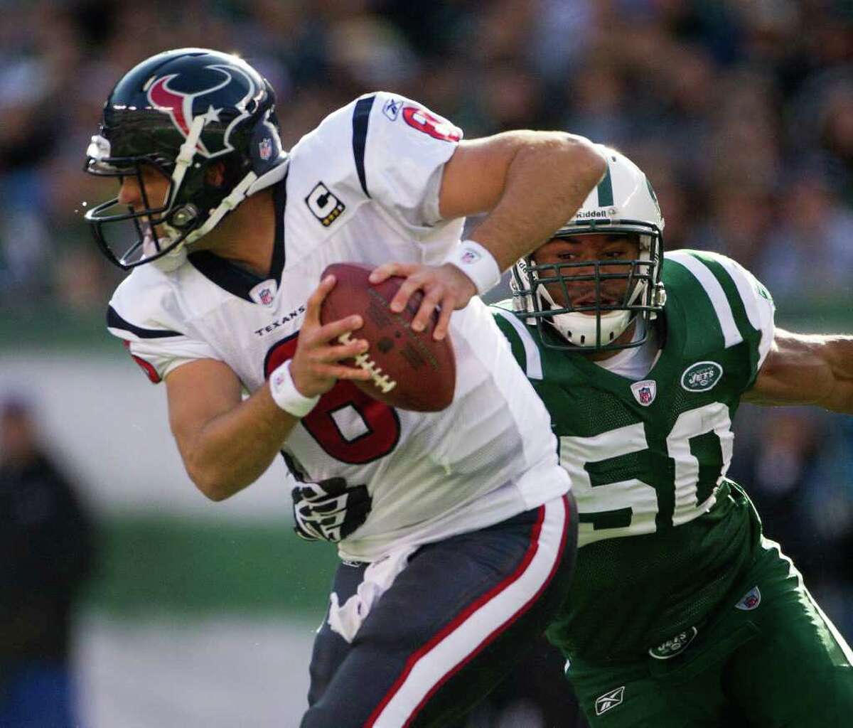 Defensive end Vernon Gholston (50) played three seasons with the Jets before being released in March. He signed with the Bears in July and was released in August.