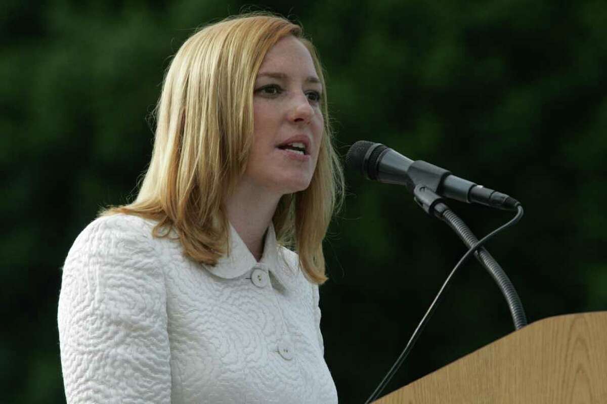 Jennifer Psaki, Deputy Press Secretary and Special Assistant for President Obama and a 1996 graduate of Greenwich High School, delivers the high school's commencement address in June 2009.