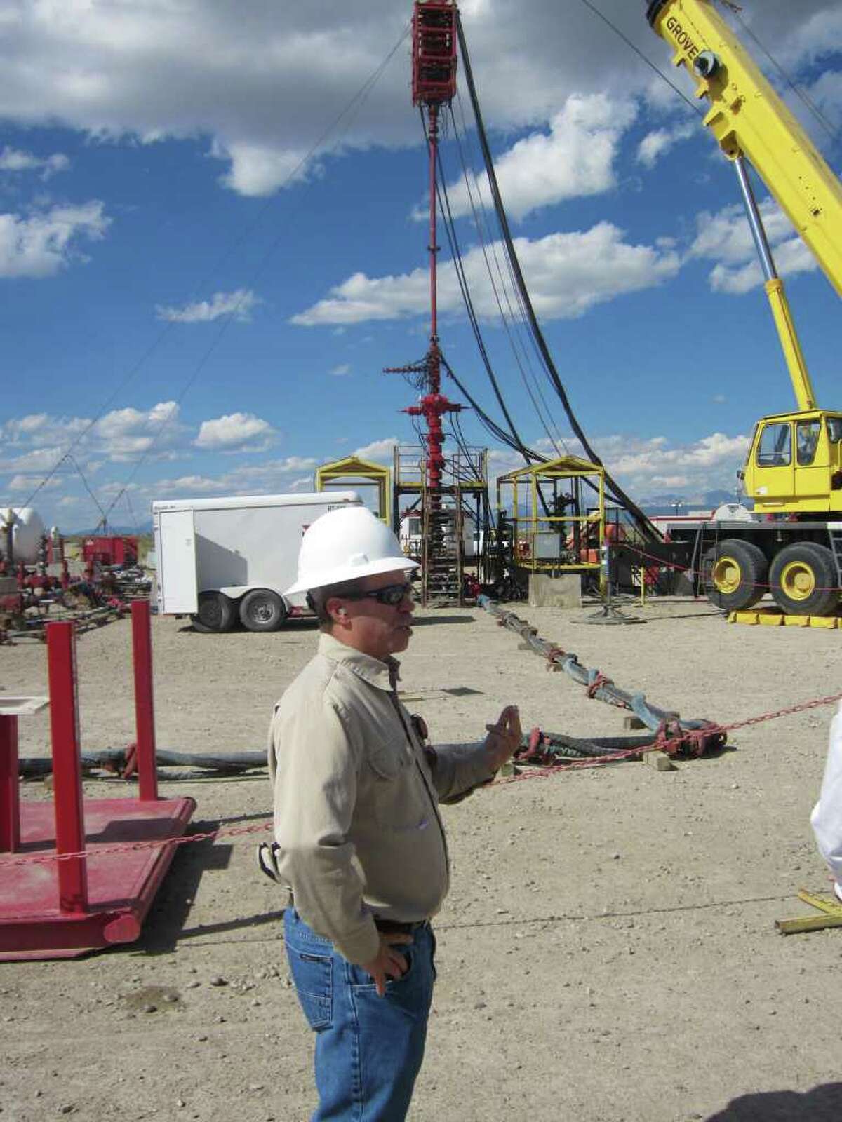 Rob Wheeler, completions superintendent of Shell's Rockies region, oversees a hydraulic fracturing job at a natural gas well outside Pinedale, Wyo.