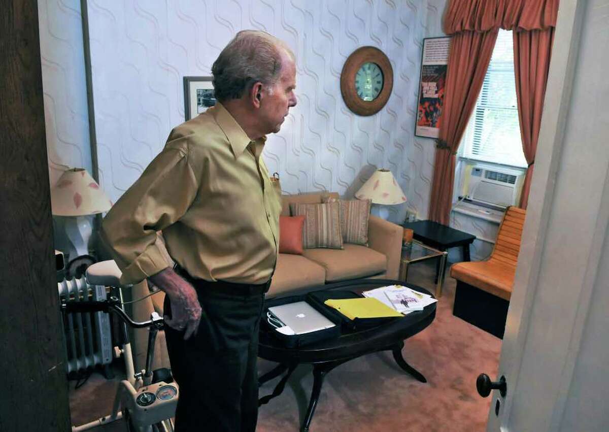 Author William Kennedy in the bedroom where Legs Diamond was murdered at Kennedy's Albany townhouse Wednesday Sept. 14, 2011. (John Carl D'Annibale / Times Union)