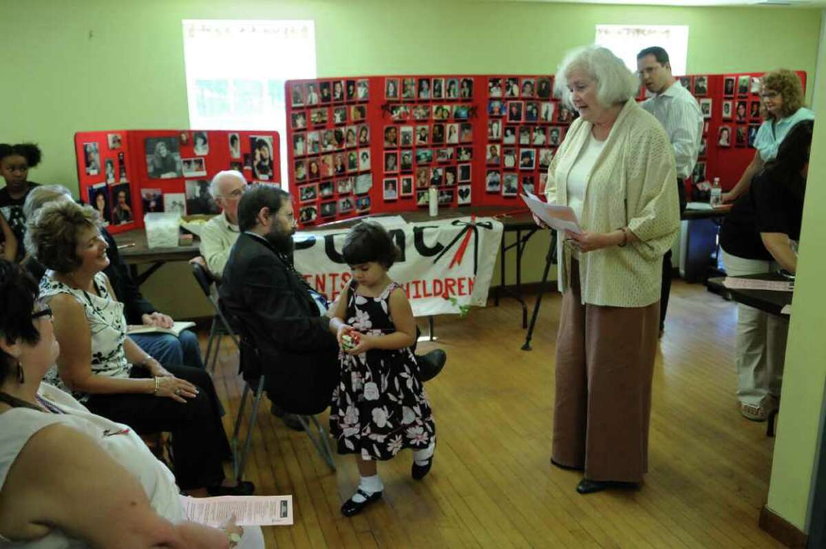 Ann Mulderry speaks at the National Day of Remembrance for Murder Victims in Schenectady in September 2011. After her son's death, Mulderry poured her energy into efforts to promote peace; she lives in New York City.