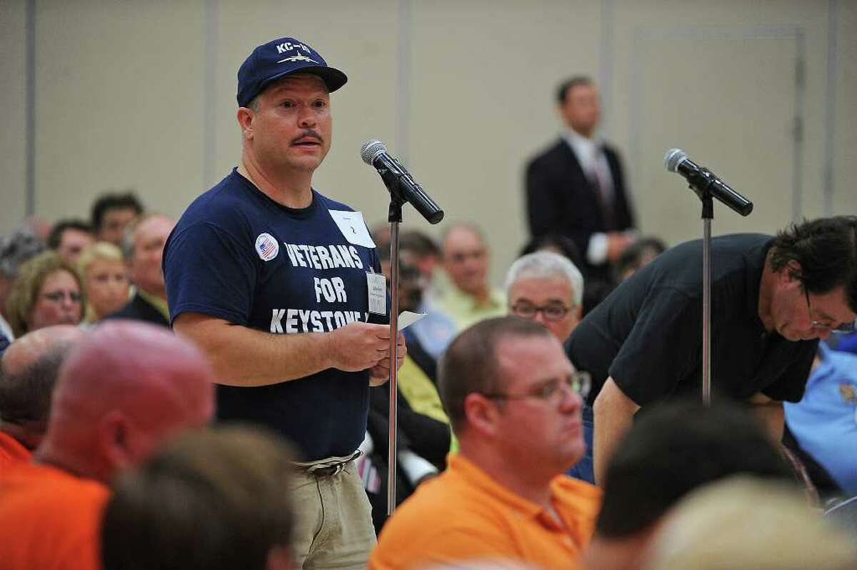 Bobby Petty, with the "Veterans for Keystone XL," speaks in support of the proposed 1,700 mile pipeline that would connect Canadian tar sands to Port Arthur refineries on Monday, Sept. 26, 2011 during a State Department public hearing in Port Arthur. Guiseppe Barranco/The Enterprise
