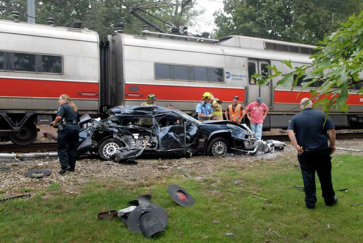 A Metro-North train hit a car at railroad crossing on Riverbend Drive off Hope St. in Stamford, Conn. on Tuesday September 27, 2011.