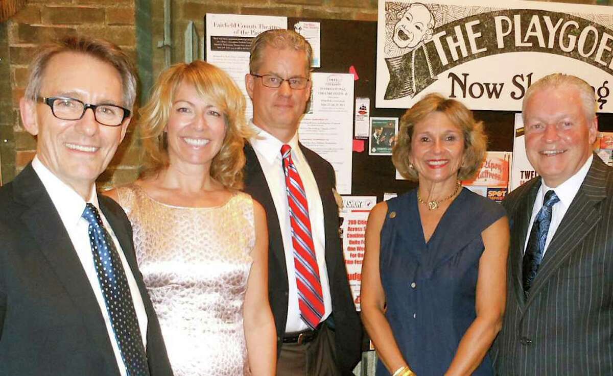 Westport Country Playhouse Artistic Director Mark Lamos, frim left, with Fairfield Arts Center's Kristin Fox, Fairfield Museum Executive Director Mike Jehle, Sheryl Shaugnessy and interim Fairfield First Selectman Michael Tetreau at party marking opening of ìBravo: A Century of Theatre in Fairfield County" at Fairfield Museum and History Center.