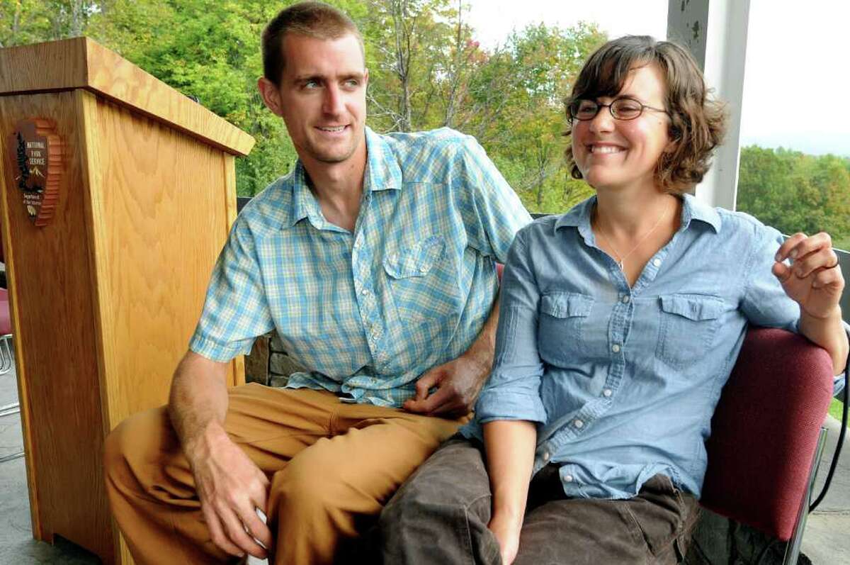 Newlyweds Luke Deikis, left, and Cara Fraver, who farm Quincy Farm in Easton, attend a news conference to launch a campaign to protect the farm and the park view shed on Wednesday, Sept. 28, 2011, at Saratoga National Historical Park in Stillwater, N.Y. (Cindy Schultz / Times Union)