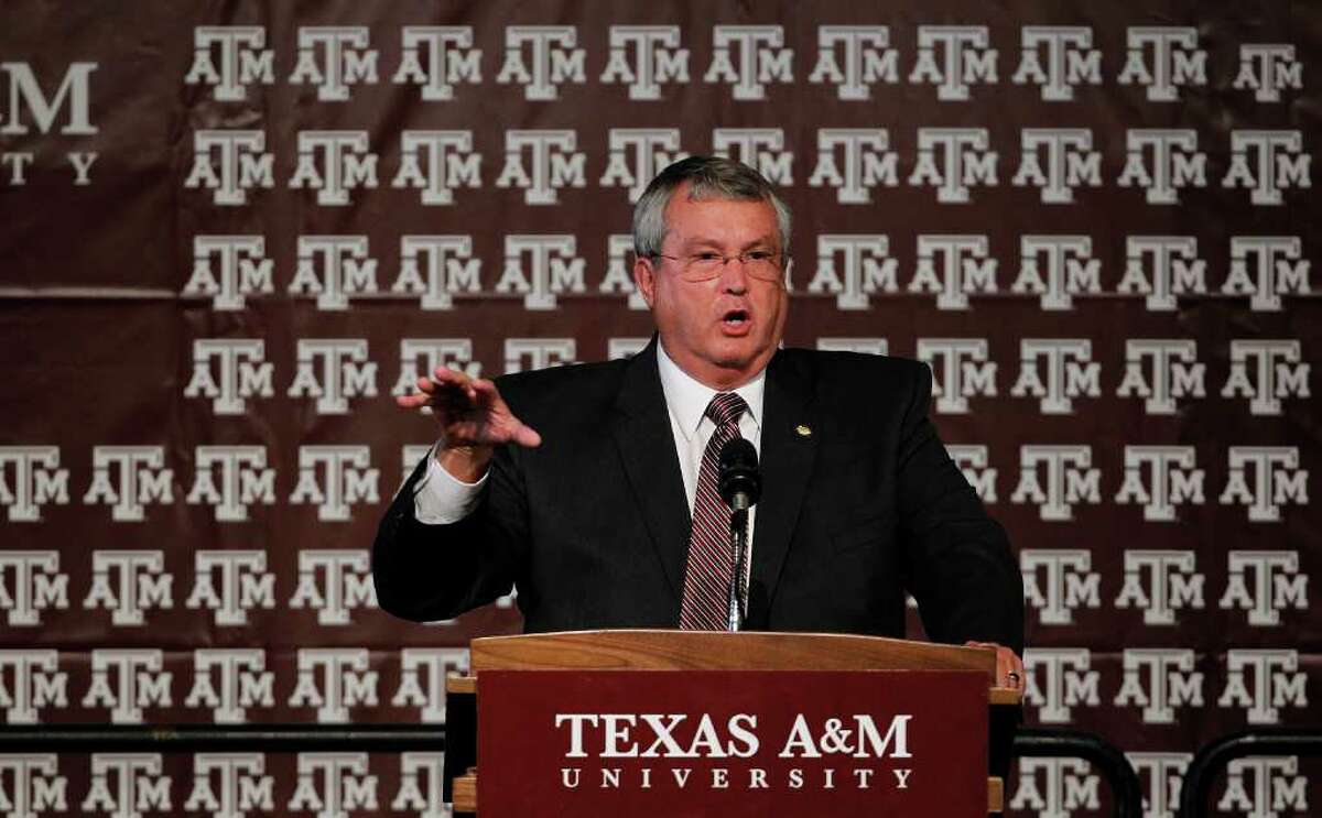 COLLEGE STATION, TX - SEPTEMBER 26: Athletic director Bill Byrne of the Texas A&M Aggies speaks prior to a press conference for Texas A&M accepting an invitation to join the Southeastern Conference on September 26, 2011 in College Station, Texas.