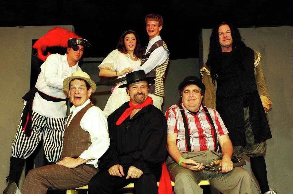 The cast of the Carriage House's production of "The Fantasticks." Front row left to right: Tom Butterworth, Lou Ursone, Richard Levitt. Back row: Marc Hartog, Liz Harrington, Brendan George and Will Jeffries.