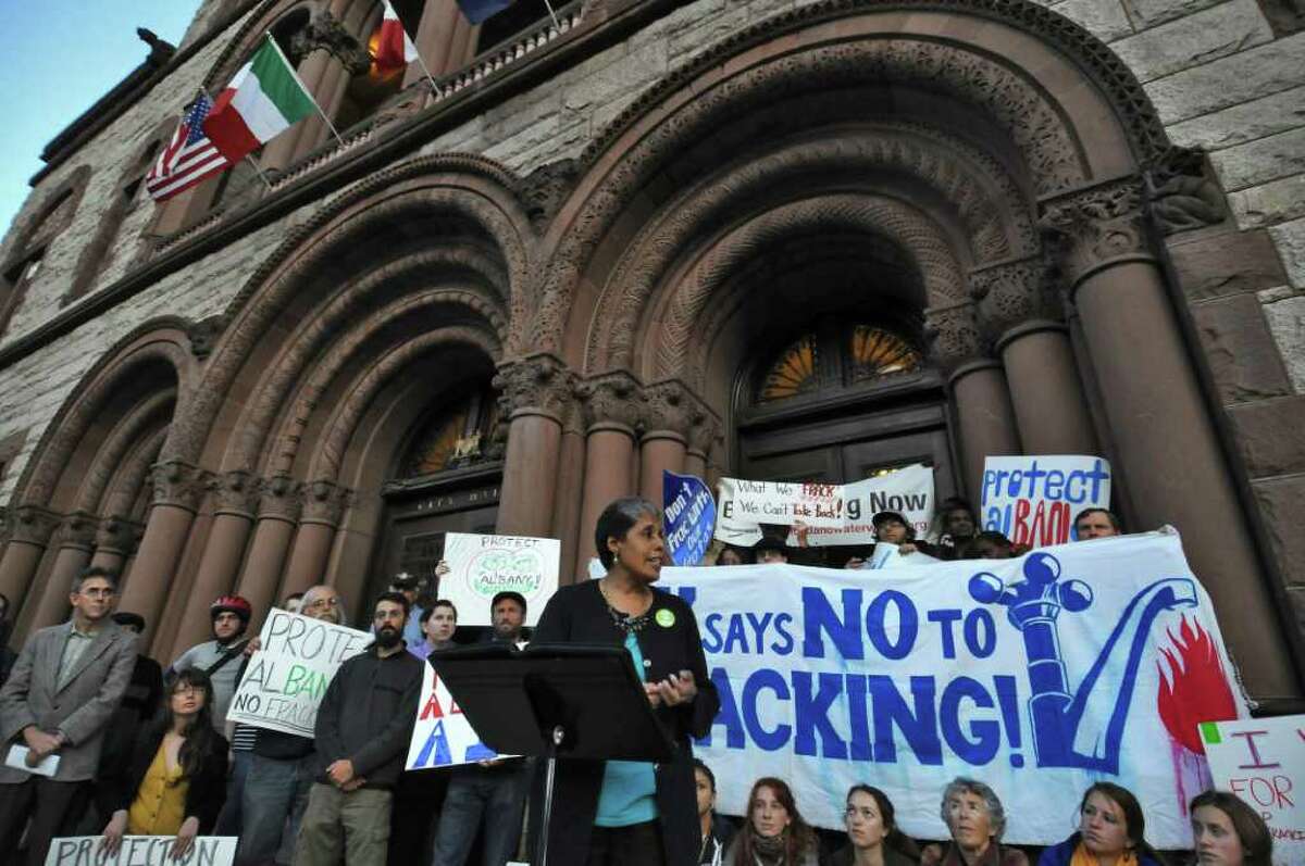 Albany City Common Council member Barbara Smith, of the 4th Ward, speaks in favor of a proposed city ordinance that would ban gas drilling in the city, including hyrdofracking,with over 40 anti-fracking protestors outside of City Hall prior to the Common Council meeting on Monday evening Oct. 3, 2011 in Albany, NY. ( Philip Kamrass / Times Union)