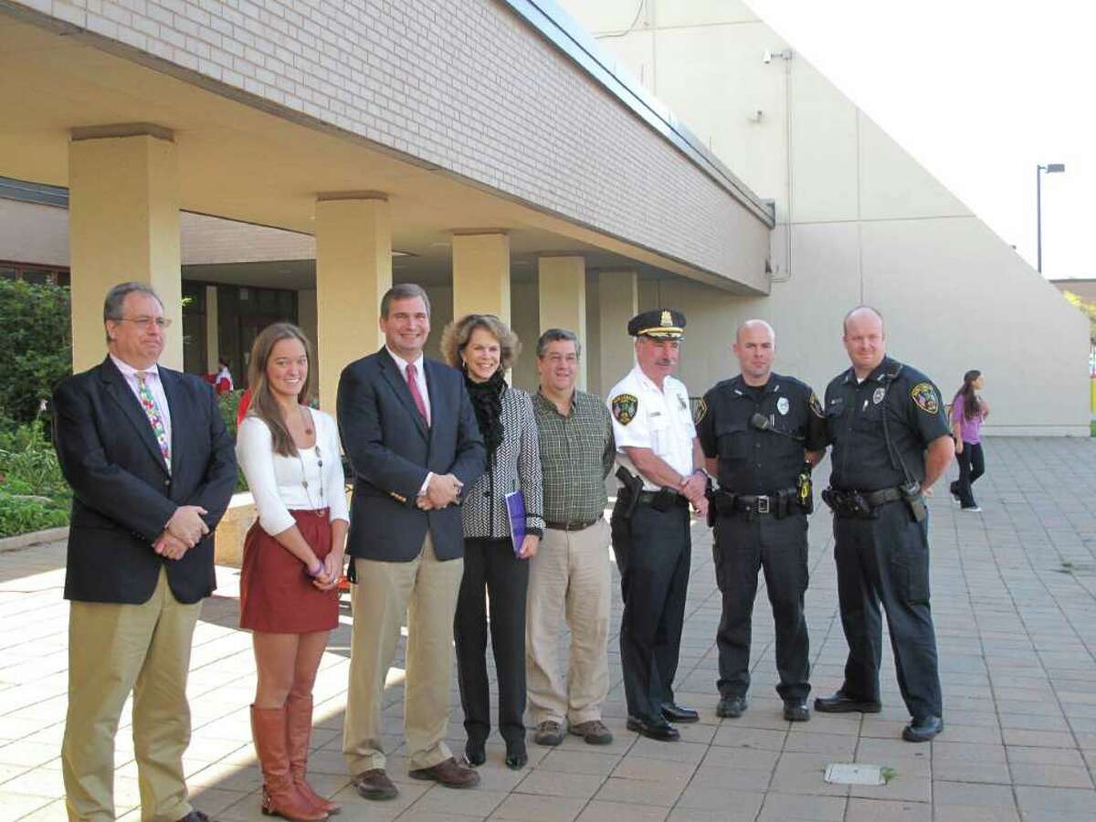 Just a few of people in town who are involved with New Canaan's Domestic Violence Awareness campaign including NCHS Senior Lauren Jansen, NCHS Administrator Ari Rothman, Principal Bryan Luizzi, Selectman Rob Mallozzi, Chief Ed Nadriczny, and Co-Chair of the New Canaan Domestic Violence Partnership Dede Bartlett.