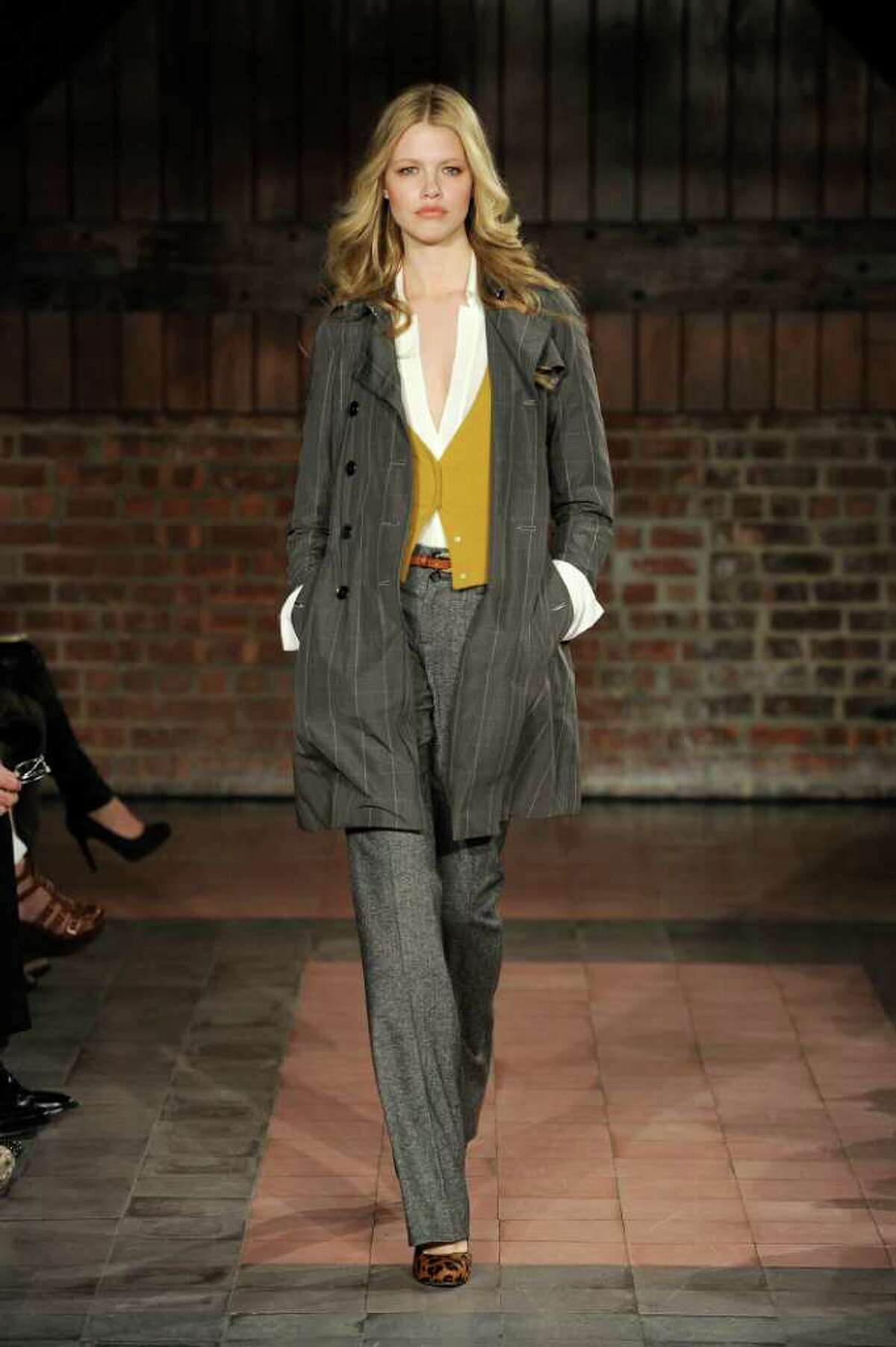 IN THE TRENCHES: Banana Republic features a charcoal plaid coat with blouse, cashmere cropped cardigan and tweed trouser.