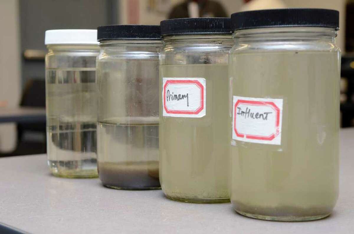 Water samples show the difference between untreated water (right) and treated water (left), along with water at various stages of treatment at Stamford's Water Pollution Control Authority (WPCA) facility on Harbor View Ave. on Oct. 6, 2011.