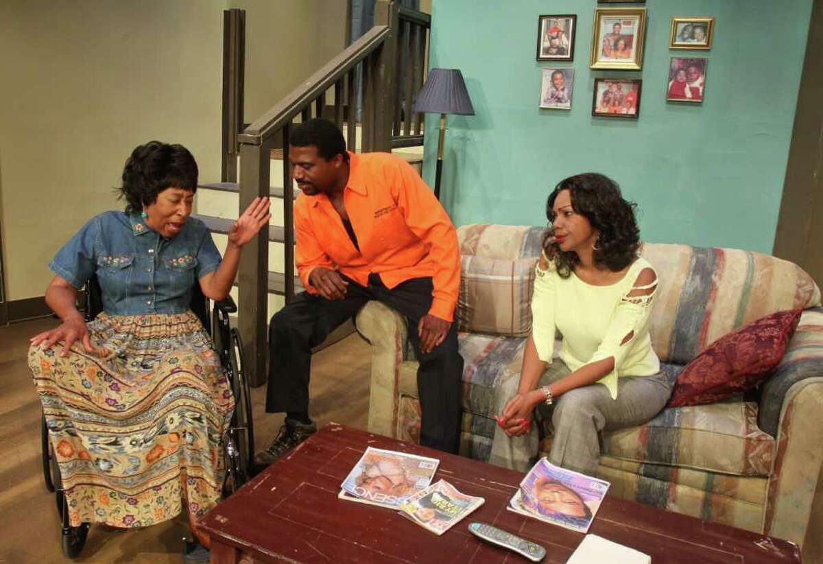 Irascible Aunt Mildred (Shirley Marks Whitmore, left) proves a handful for Horace (Jason E. Carmichael) and Pearl ( Detria Ward) in the Ensemble's production of LOTTO.
