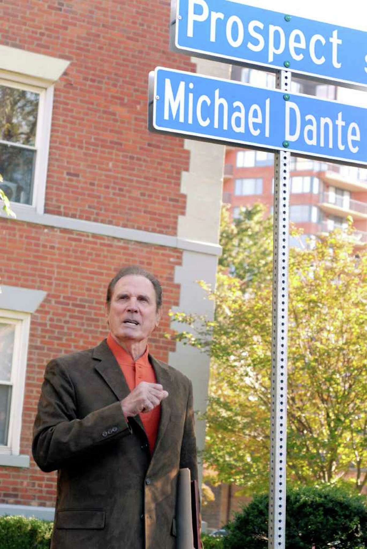 A portion of Prospect Street in Stamford, Conn. is named after veteran Hollywood actor Michael Dante on Friday October 7, 2011. Dante is the parade marshal of Sunday's Columbus Day Parade.