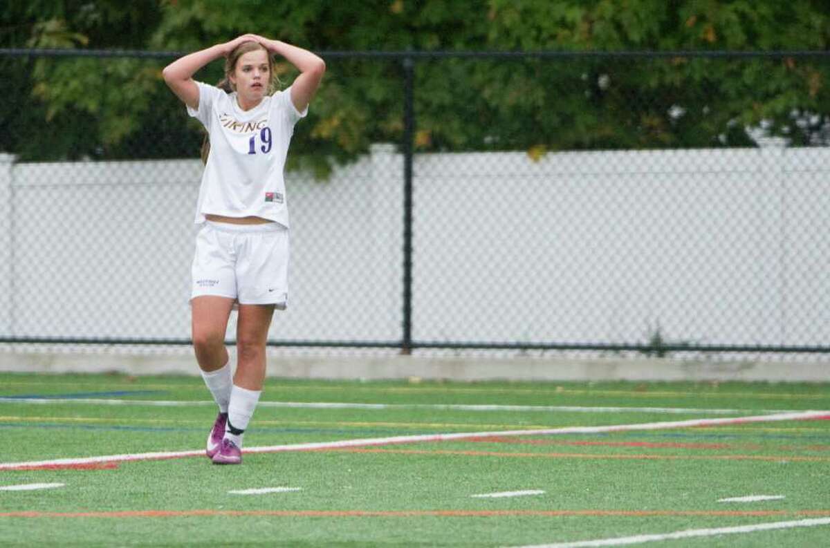 Westhill's Jess Laszlo shows her frustration as the previously undefeated Vikings battle St. Joseph in a girls soccer game in Stamford, Conn., October 12, 2011. St. Joseph won the game 1-0.