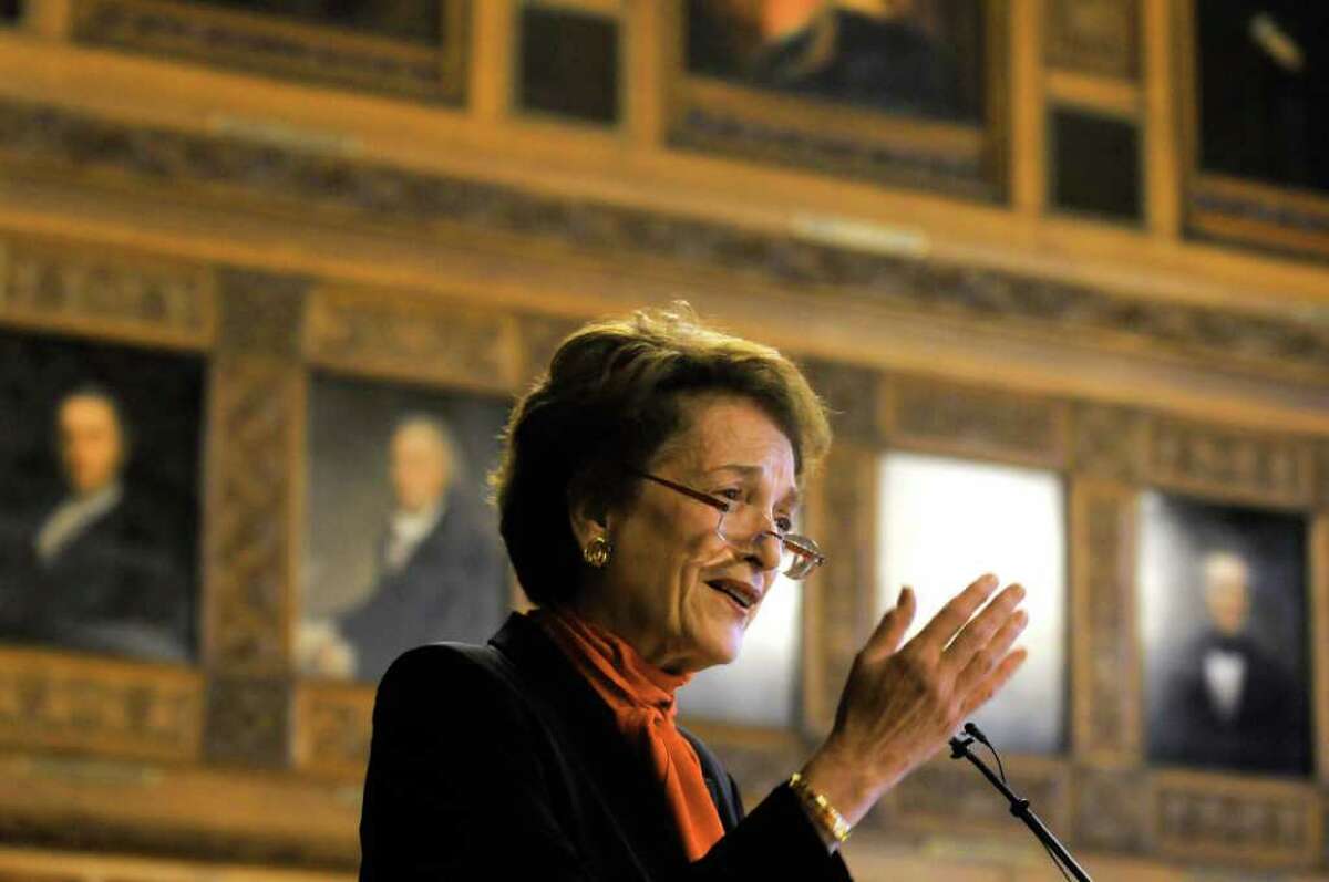 Former Chief Judge Judith Kaye speaks in the Court of Appeals during the formal unveiling of her portrait in the courtroom in Albany, NY Friday Oct. 14, 2011.( Michael P. Farrell/Times Union)