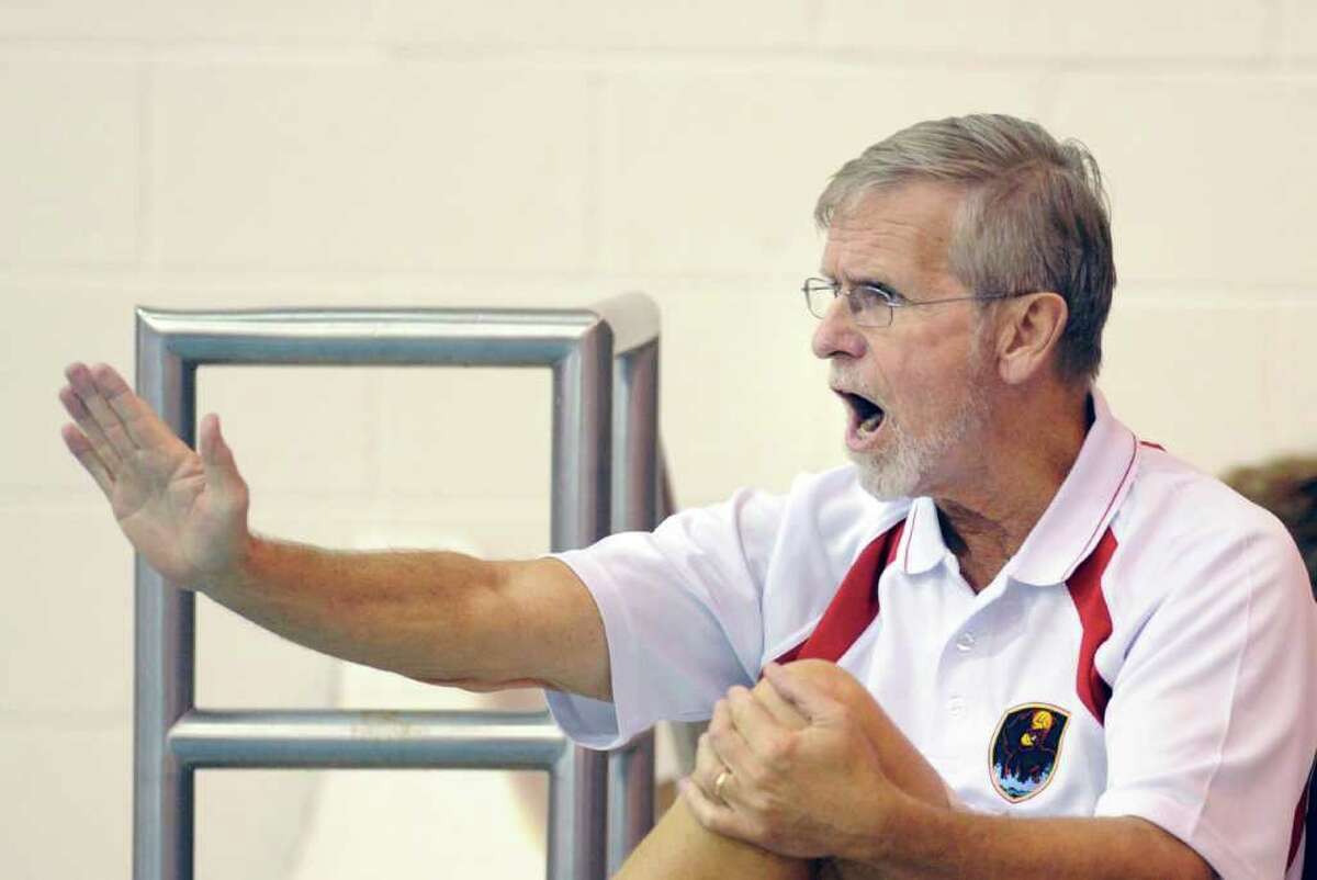 Greenwich High School water polo coach Terry Lowe during water polo final between Greenwich High School and Navy AC at Greenwich High School, Saturday night, Oct. 15, 2011. GHS defeated Navy, 8-6.