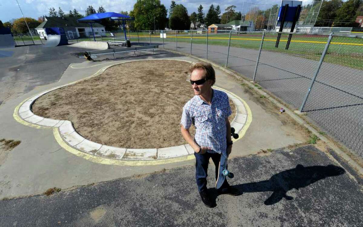 Charlie Samuels looks over the skate pool which was filled with sand at the East Side Rec Park in Saratoga Springs, N.Y. October 20, 2011. (Skip Dickstein / Times Union)