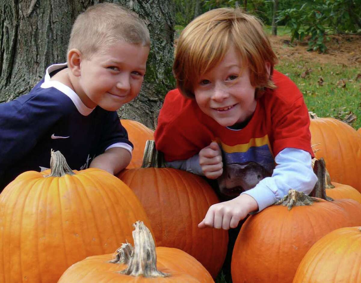 Brent McCreesh, left, and friend Max Howat sit among the pumpkins someone dropped off the middle of the night at the Howats' Sasco River Lane home. The pumpkins will be given away Sunday in exchange for a donation to TeamBrent, which raises money for cancer research.