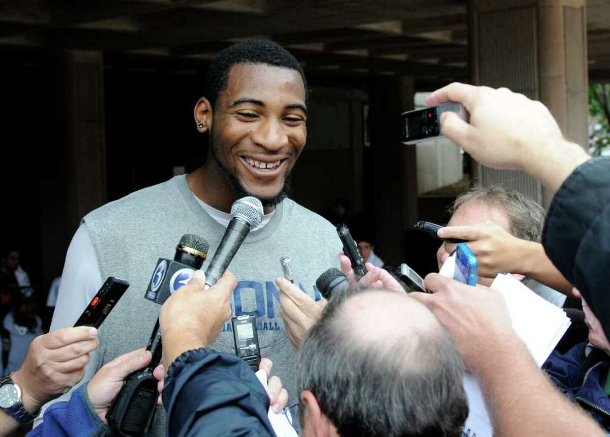 UConn's Andre Drummond meets the media before the team's Husky Run in Storrs on Oct. 12, 2011.