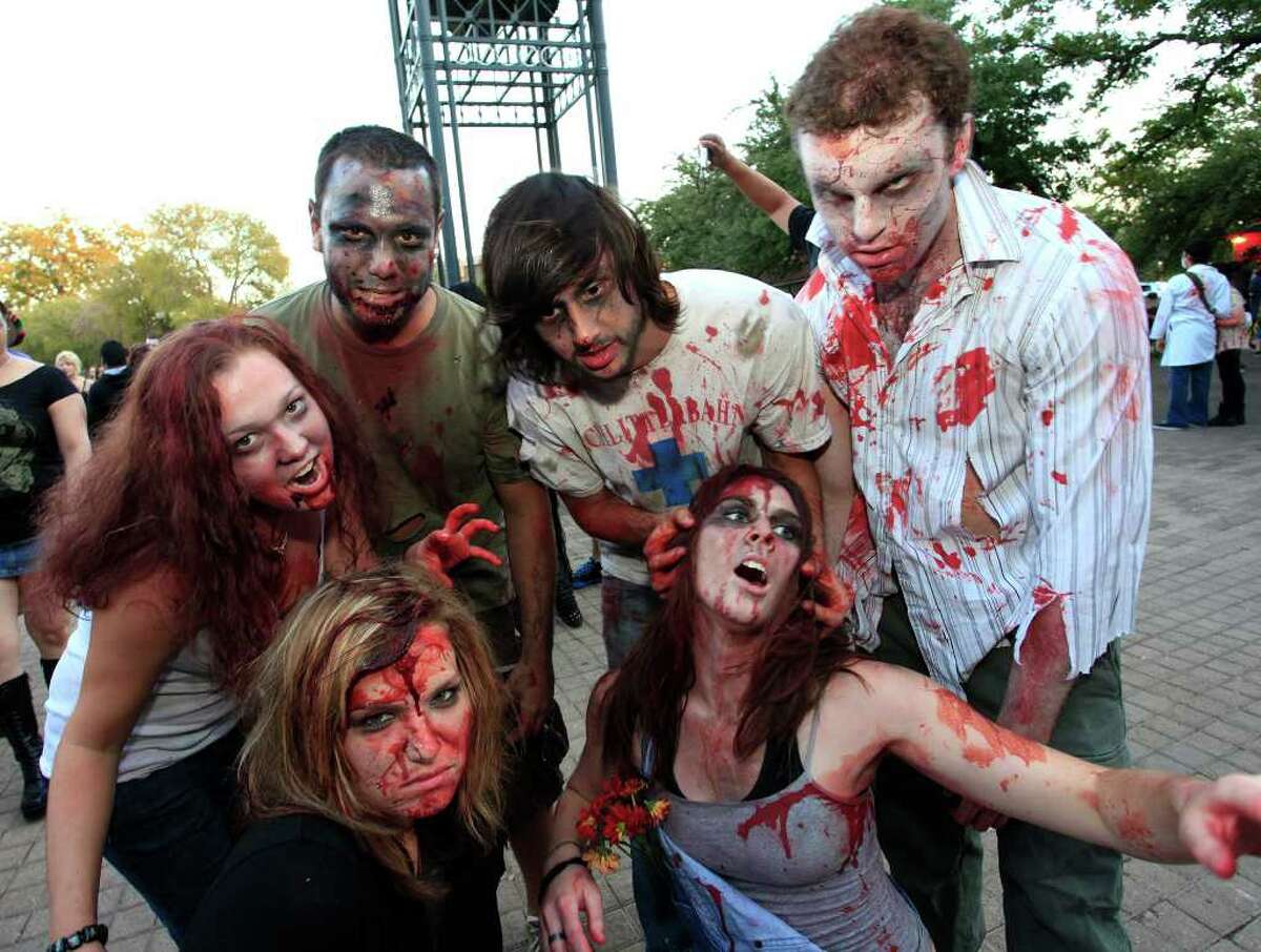 From the left in back, Libby Austin, Brad West, Mitchell Poe, Rob Schonhoff, and in front, Lauren Salguero and Melissa Poe at the 2011 Zombie Walk, Sunday, October 23, 2011 at Hemisfair Park in San Antonio.