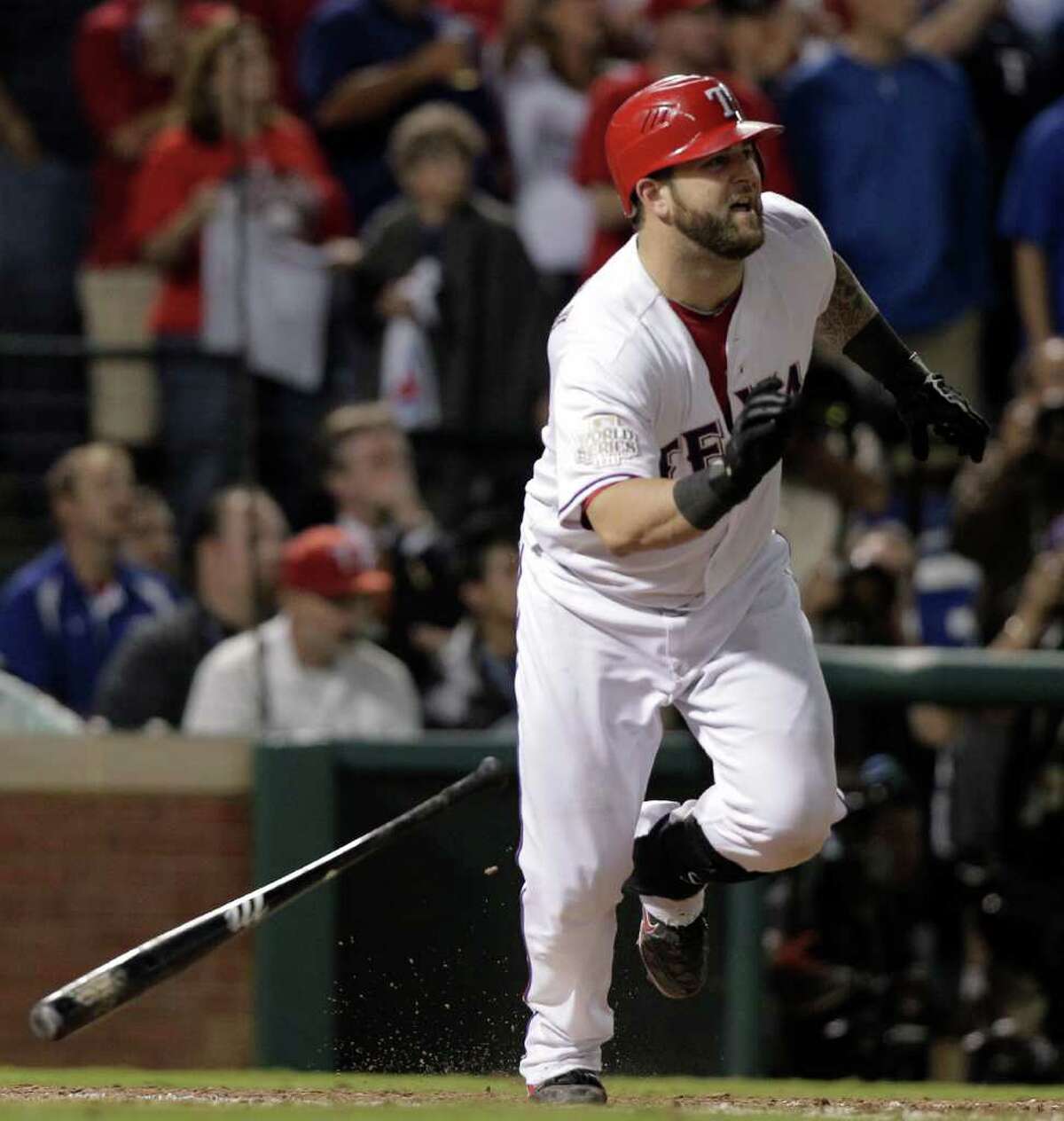 Mike Napoli hits a two-run double in the eighth inning of Game 5