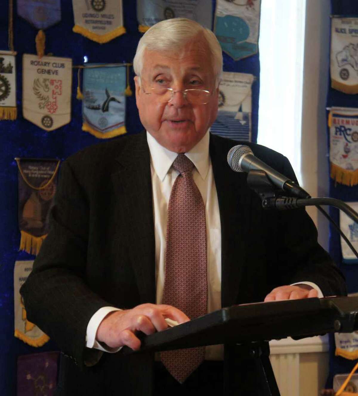 Superintendent of Schools Elliott Landon addresses the Westport Rotary Club at the Inn at Longshore on Tuesday, Oct. 25, 2011.
