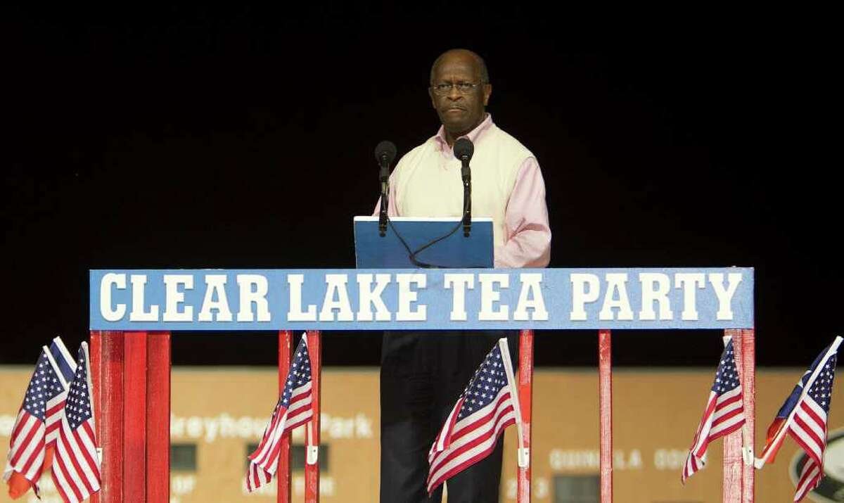Presidential candidate Herman Cain speaks during the Clear Lake Tea Party Rally at Gulf Greyhound Park Tuesday, Oct. 25, 2011, in La Marque.
