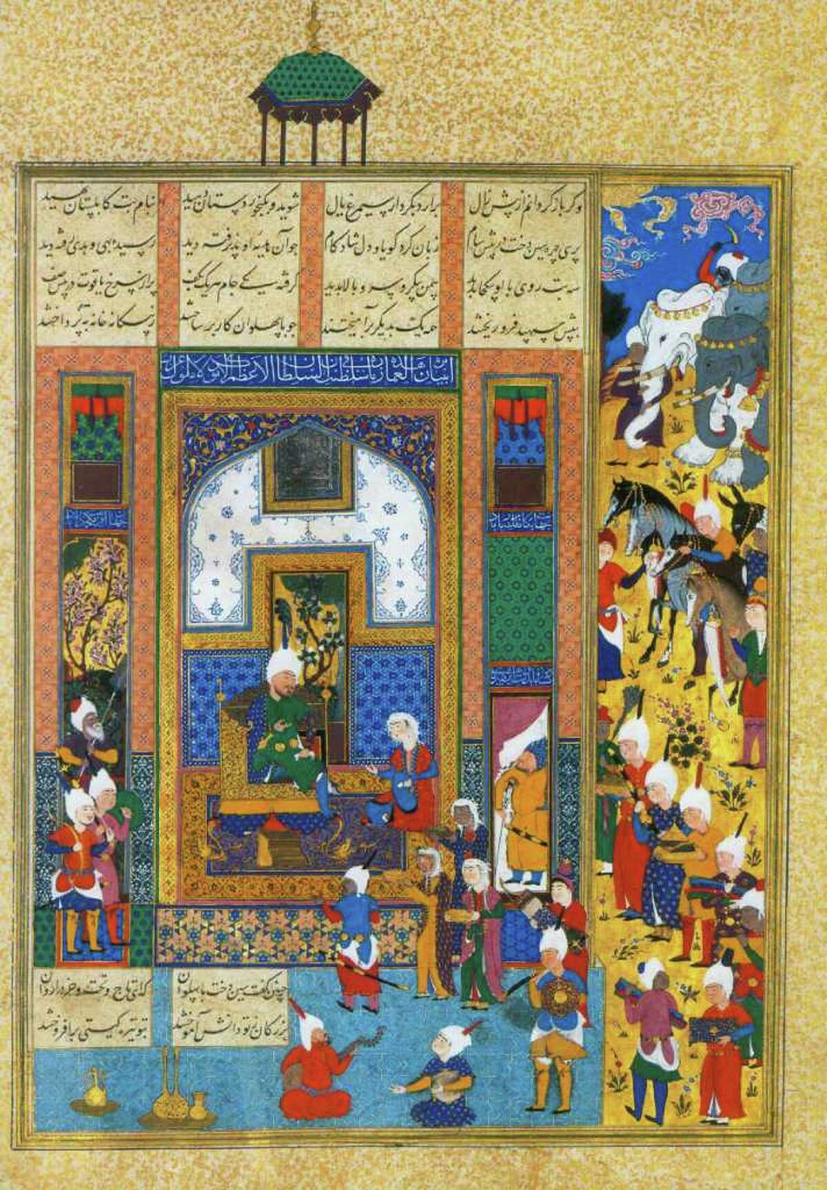 Sindukht Comes to Sam Bearing Gifts Folio from the Shahnama (Book of Kings) of Shah Tahmasp Tabriz, Iran, 1525-35 Ink, opaque watercolor, and gold on paper On view in Gifts of the Sultan: The Arts of Giving at the Islamic Courts at the Museum of Fine Arts, Houston