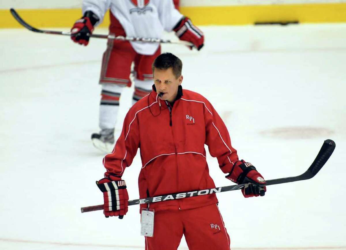 RPI coach Seth Appert oversees hockey practice on Wednesday, Oct. 26, 2011, at Rensselaer Polytechnic Institute in Troy, N.Y. (Cindy Schultz / Times Union)