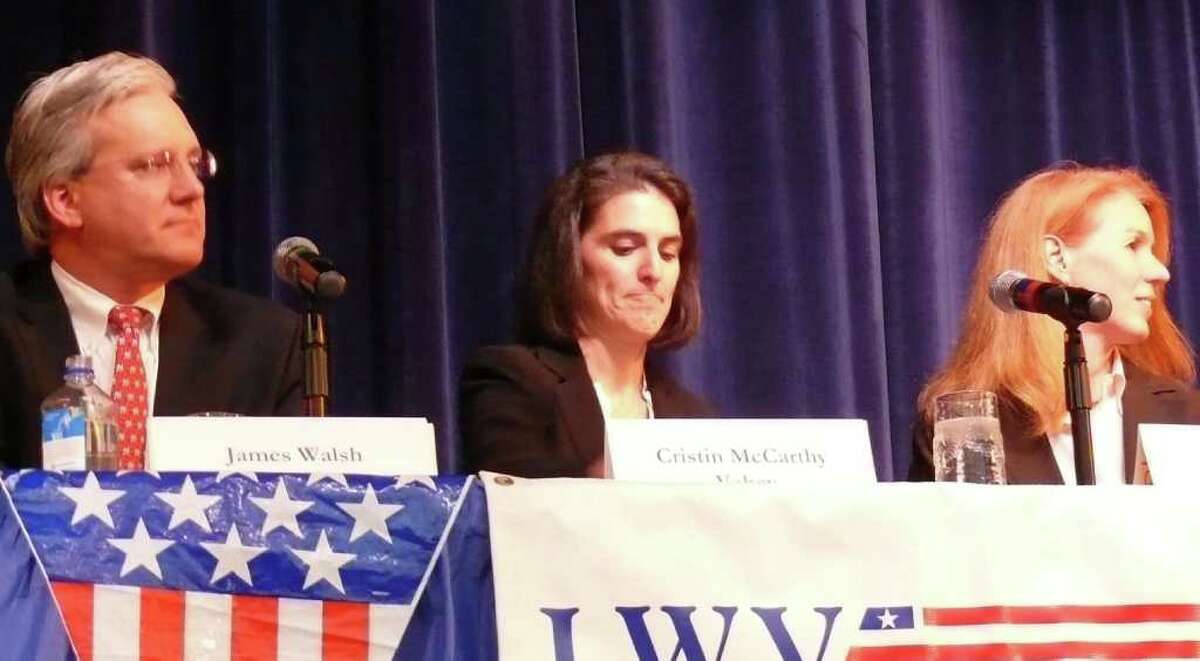 Candidates for selectmen, from left, incumbent Republican James Walsh, Democrat Cristin McCarthy Vahey and Independent Deanna Polizzo took part in a forum sponsored by the League of Women Voters.