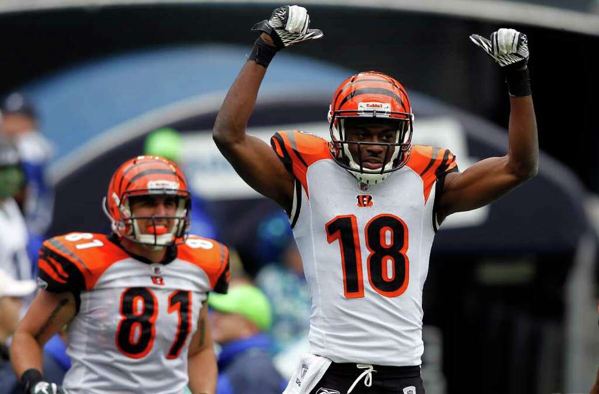 SEATTLE - OCTOBER 30: A. J. Green #18 of the Cincinnati Bengals celebrates his touchdown catch in the second quarter against the Seattle Seahawks on October 30, 2011 at Century Link Field in Seattle, Washington.